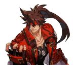  1boy black_gloves brown_eyes brown_hair collarbone cropped_jacket fingerless_gloves fingernails forehead_protector gloves guilty_gear guilty_gear_strive hankuri headband highres jacket long_hair male_focus muscular muscular_male open_clothes open_jacket pectorals ponytail portrait red_headband red_jacket sleeves_pushed_up sol_badguy solo 