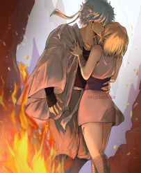  1boy 1girl absurdres aged_down bandaged_arm bandaged_leg bandages blonde_hair closed_mouth commentary commentary_request couple feet_out_of_frame fire gintama grey_hair grey_headband grey_kimono grey_pants headband hetero highres injury japanese_clothes kimono kiss long_sleeves official_alternate_costume pants pink_kimono purple_sash sakata_gintoki sash seigibathala short_hair short_kimono sleeveless sleeveless_kimono tsukuyo_(gintama) 