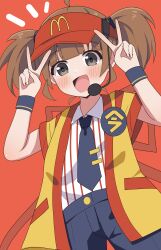 1girl absurdres ahoge blue_necktie blue_shorts blush brown_hair commentary_request double_v grey_eyes headset highres hosinonana imadake_dabuchi_tabemi looking_at_viewer mcdonald's necktie notice_lines open_mouth red_background shirt shorts simple_background solo striped_clothes striped_shirt tie_clip twintails v vertical-striped_clothes vertical-striped_shirt visor_cap white_shirt yellow_happi 
