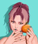 1girl bellemere food fruit green_eyes highres light_blue_background looking_at_viewer nail_polish nyankoromochi one_piece orange_(fruit) pink_hair ponytail realistic