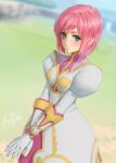  1girl blurry blurry_background blush commentary day dress dutch_angle estellise_sidos_heurassein gloves green_eyes highres interlocked_fingers looking_at_viewer miura-n315 outdoors pink_hair short_hair solo standing tales_of_(series) tales_of_vesperia white_dress white_gloves 