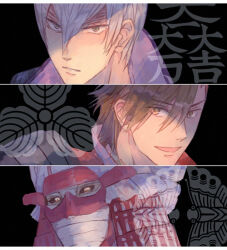  3boys :d :| armor bandaged_hand bandages black_background black_sclera brown_eyes brown_hair close-up closed_mouth colored_sclera column_lineup green_eyes grey_hair hair_between_eyes helmet ishida_mitsunari_(sengoku_basara) japanese_armor kabuto_(helmet) letterboxed looking_at_viewer male_focus multiple_boys ootani_yoshitsugu_(sengoku_basara) parted_lips sengoku_basara shima_sakon_(sengoku_basara) short_hair smile toruglose v-shaped_eyebrows yellow_eyes 