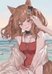  1girl 1other angelina_(arknights) angelina_(summer_flowers)_(arknights) animal_ears aogisa arknights bangs blush breasts brown_hair casual_one-piece_swimsuit chain earpiece english_commentary fox_ears fox_girl fox_tail hair_ribbon highres infection_monitor_(arknights) jewelry long_hair looking_at_viewer medium_breasts necklace ocean official_alternate_costume one-piece_swimsuit outdoors parted_lips pink_eyes red_ribbon red_swimsuit ribbon sky swimsuit tail twintails water 