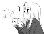  1girl ascot blowing blush_stickers cup fate/stay_night fate_(series) greyscale holding holding_cup illyasviel_von_einzbern jacket long_hair monochrome simple_background sketch solo steam tenoo12 upper_body white_background 