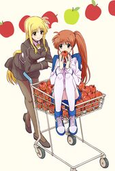  2girls apple blonde_hair cart couple eating fate_testarossa food fruit happy kannari looking_at_another lyrical_nanoha mahou_shoujo_lyrical_nanoha_vivid multiple_girls orange_hair red_eyes shopping_cart side_ponytail simple_background sitting skirt smile takamachi_nanoha thighs tsab_air_military_uniform tsab_executive_military_uniform violet_eyes white_legwear yuri 