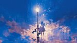  1girl bangs blue_hair closed_eyes dress highres lamppost original plant rain reinforced scenery solo standing water white_dress 