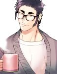  1boy black_hair coco_(toriko) cup ear_piercing glasses highres holding holding_cup jacket looking_at_object male_focus muscular muscular_male piercing rei_(lemon2525) shirt short_hair simple_background sketch smile solo steam toriko_(series) upper_body white_background white_shirt 