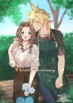  1boy 1girl aerith_gainsborough apron arm_around_shoulder bandaid bangs blonde_hair blush breasts brown_hair closed_eyes cloud_strife couple curly_hair earrings final_fantasy final_fantasy_vii final_fantasy_vii_remake flower green_eyes grey_shirt hair_between_eyes hair_ribbon highres holding holding_flower jewelry krudears long_sleeves low_ponytail medium_breasts open_mouth outdoors parted_bangs ribbon ring shirt sidelocks single_earring sleeves_rolled_up smile spiky_hair t-shirt tree upper_body waist_apron 