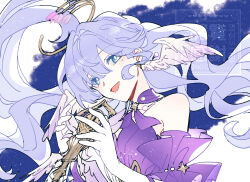  1girl choker collar dress face_jewel gloves halo halo_behind_head head_wings honkai:_star_rail honkai_(series) jewel_under_eye misooo_ll open_mouth purple_choker purple_collar purple_dress robin_(honkai:_star_rail) smile solo two-tone_dress white_gloves white_wings wings 