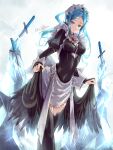  1girl absurdres artist_name black_dress black_legwear blue_eyes blue_hair bridal_gauntlets clear_glass_(mildmild1311) dagger dress eyebrows_visible_through_hair fire_emblem fire_emblem_fates flora_(fire_emblem) frills frozen highres ice impossible_clothes impossible_dress knife long_sleeves looking_at_viewer looking_down maid maid_headdress signature skin_tight skirt_hold solo thigh-highs two_side_up weapon 