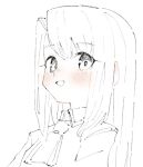  1girl ascot blush ear_blush fate/stay_night fate_(series) illyasviel_von_einzbern jacket long_hair looking_at_viewer monochrome open_mouth simple_background sketch smile solo spot_color tenoo12 upper_body white_background 
