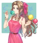  1girl aerith_gainsborough bangs bare_shoulders belt bow bracelet breasts brown_hair dress earrings final_fantasy final_fantasy_vii final_fantasy_vii_remake green_eyes hair_bow hair_ornament jewelry medium_breasts necklace official_alternate_costume ohse parted_bangs pink_dress ponytail sidelocks sleeveless sleeveless_dress solo star_(symbol) wavy_hair 