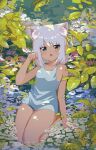  1girl :o animal_ear_fluff animal_ears bangs bare_arms bare_shoulders blue_dress breasts commentary_request dress eyebrows_behind_hair fang flower green_eyes hand_up highres kgt_(pixiv12957613) looking_at_viewer open_mouth original sleeveless sleeveless_dress small_breasts solo water white_flower white_hair 