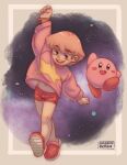  1boy arm_up blue_eyes blush bracelet child clenched_hands commentary english_commentary eyebrows_visible_through_hair highres humanization jewelry jumping khiuly kirby kirby&#039;s_dream_land kirby_(series) male_child navel pink_footwear pink_hair pink_shirt pink_shorts shirt short_hair shorts smile star_(symbol) star_print teeth walking 