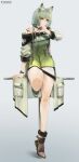  1girl absurdres animal_ear_fluff animal_ears arknights arm_support bangs bare_legs bare_shoulders black_footwear breasts cat_ears commentary dress green_dress green_eyes green_hair grey_background high_heels highres holding holding_syringe kal&#039;tsit_(arknights) long_sleeves looking_at_viewer lufi_ays medium_breasts off_shoulder pencil_dress short_dress short_hair simple_background sitting solo syringe thighs watch watch 
