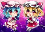  2girls back_bow bat_wings black_footwear blonde_hair blue_hair bobby_socks bow character_name chibi commentary_request eyebrows_visible_through_hair fang flandre_scarlet frilled_skirt frilled_sleeves frills full_body gradient gradient_background hat highres looking_at_viewer maa_(forsythia1729) mary_janes medium_hair mob_cap multicolored_wings multiple_girls open_mouth pink_background pink_headwear pink_shirt pink_skirt puffy_short_sleeves puffy_sleeves purple_background red_eyes red_ribbon red_skirt red_vest remilia_scarlet ribbon ribbon-trimmed_headwear ribbon_trim shirt shoes short_hair short_sleeves side_ponytail skin_fang skirt socks touhou vest white_bow white_headwear white_legwear white_shirt wings wrist_cuffs 
