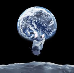  1girl black_socks blue_skirt cardigan clouds commentary earth_(planet) facing_away floating from_behind grey_hair highres idolmaster idolmaster_shiny_colors long_sleeves messiah_go moon planet pleated_skirt school_uniform serafuku serizawa_asahi shoes short_hair skirt sneakers socks solo space upside-down white_shoes white_sneakers wide_shot yellow_cardigan 