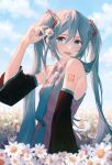  1girl :d bangs bare_shoulders blue_eyes blue_hair blue_nails blue_necktie blurry clouds collared_shirt depth_of_field detached_sleeves field flower flower_field from_side grass grey_shirt hair_between_eyes hand_up hatsune_miku highres holding holding_flower kaicggo long_hair looking_at_viewer nail_polish necktie open_mouth outdoors shirt sky smile solo twintails upper_body vocaloid white_flower 