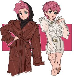  1girl black_headscarf brown_coat coat collar collared_dress cowboy_shot disgust dress frilled_collar frilled_sleeves frills fu_r_y green_eyes hand_on_own_hip hand_on_own_leg headscarf highres jojo_no_kimyou_na_bouken long_sleeves looking_at_viewer multiple_views outline palmar_flexion parted_lips pink_background pink_hair pink_lips pink_theme semi-transparent short_dress short_hair sidelocks trish_una vento_aureo white_background white_dress white_outline 