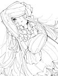  1girl abigail_williams_(fate) blush bow covering_forehead dress fate/grand_order fate_(series) greyscale hair_bow hand_up long_hair looking_at_viewer lying monochrome multiple_bows multiple_hair_bows on_back parted_lips simple_background sketch sleeves_past_fingers sleeves_past_wrists solo tenoo12 white_background 