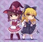  2girls apron ascot bangs black_bow black_footwear black_ribbon black_shirt black_skirt blonde_hair boots bow braid breasts brown_eyes brown_footwear brown_hair buttons chibi collared_shirt color_switch commentary cosplay costume_switch detached_sleeves eyebrows_visible_through_hair frilled_bow frilled_hair_tubes frills full_body gloves hair_bow hair_tubes hakurei_reimu hakurei_reimu_(cosplay) hand_on_hip hand_on_own_face hat hat_bow highres japanese_clothes kirisame_marisa kirisame_marisa_(cosplay) long_hair looking_at_viewer medium_hair multiple_girls nontraditional_miko open_mouth puffy_short_sleeves puffy_sleeves purple_ascot red_bow red_headwear red_shirt red_skirt red_vest ribbon ribbon-trimmed_clothes ribbon-trimmed_skirt ribbon-trimmed_sleeves ribbon_trim sandals shippou_(pattern) shippou_background shirt short_sleeves skirt smile socks touhou twin_braids unime_seaflower vest waist_apron white_gloves white_legwear white_ribbon white_shirt white_sleeves wide_sleeves witch_hat yellow_eyes 