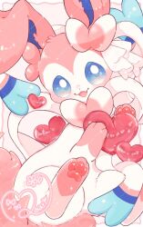  blue_eyes blush fang happy heart highres looking_at_viewer maaari_pkmn no_humans open_mouth pokemon pokemon_(creature) pokemon_focus signature skin_fang smile solo sylveon 