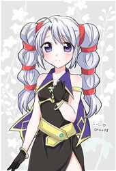  1girl armlet bangs bare_shoulders black_dress black_gloves blush bracelet dress eyebrows_visible_through_hair fire_emblem fire_emblem:_genealogy_of_the_holy_war gloves jewelry long_hair looking_at_viewer ouba_reiya purple_hair sleeveless sleeveless_dress smile solo tine_(fire_emblem) twintails violet_eyes 