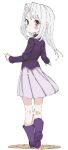  1girl blush_stickers boots brown_eyes dot_mouth expressionless fate/stay_night fate_(series) full_body highres illyasviel_von_einzbern jacket long_hair looking_at_viewer looking_back pink_skirt purple_footwear purple_jacket simple_background sketch skirt solo tenoo12 white_background white_hair 