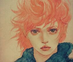  1girl alternate_costume blue_hood commentary commentary_request green_eyes hood hood_down jojo_no_kimyou_na_bouken looking_at_viewer painting_(medium) pink_hair pink_lips portrait short_hair solo traditional_media trish_una umasandaa vento_aureo watercolor_(medium) 