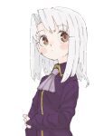  1girl ascot blush_stickers brown_eyes dot_mouth fate/stay_night fate_(series) highres illyasviel_von_einzbern jacket long_hair looking_away purple_jacket simple_background sketch solo tenoo12 upper_body white_background white_hair wide-eyed 