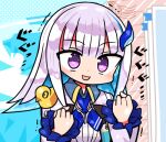  1girl :d blue_hair blue_necktie clenched_hands collared_shirt commentary_request eyebrows_visible_through_hair hair_ornament hairclip kanikama lize_helesta long_hair lowres multicolored_hair necktie nijisanji rubber_duck shaking shirt smile solo translation_request violet_eyes 