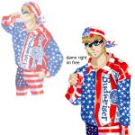  1boy american_flag_hat american_flag_pants american_flag_shirt bandana bangs beard beer_can blonde_hair budweiser can closed_mouth collared_shirt commentary cowboy_shot cross cross_necklace drinking english_commentary english_text facial_hair highres jewelry keith_howard kurusu-kun long_sleeves looking_at_viewer male_focus necklace shirt short_hair simple_background sunglasses white_background yu-gi-oh! yu-gi-oh!_duel_monsters zoom_layer 