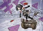  1girl bangs black_dress black_eyes black_footwear black_gloves black_hair black_legwear bob_cut boots commentary_request double_horizontal_stripe dress driving elbow_gloves emblem explosive girls_und_panzer gloves goliath_tracked_mine guard_rail halter_dress halterneck headset holding holding_sign inatomi_hibiki japanese_tankery_league_(emblem) judge leaning_to_the_side mine_(weapon) motion_lines on_vehicle open_mouth riding short_dress short_hair sign solo_focus standing striped striped_dress thigh-highs vertical-striped_dress vertical_stripes yunji 