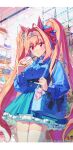  1girl absurdres animal_ears artist_name bag bag_charm bangs blue_bow blue_bowtie blue_dress blue_shirt blush bow bowtie breasts brown_hair bubble_tea candy ceiling_light charm_(object) collared_shirt cup daiwa_scarlet_(umamusume) dated disposable_cup dress drinking_straw food hair_intakes handbag highres holding holding_cup horse_ears horse_girl horse_tail lollipop long_hair long_sleeves looking_at_viewer medium_breasts parted_lips petticoat pinafore_dress r49uk red_eyes shirt shoulder_bag solo standing tail thigh-highs tiara twintails umamusume white_legwear window zettai_ryouiki 
