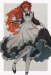  1other androgynous apron coffee_pot cup foot_out_of_frame gloves highres houseki_no_kuni knee_up long_hair maid maid_apron maid_headdress other_focus padparadscha_(houseki_no_kuni) red_eyes redhead skirt_hold solo standing standing_on_one_leg teacup teapot thigh-highs very_long_hair 