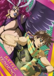  2boys absurdres battle_tendency brown_hair crop_top earrings fingerless_gloves genda_art gloves headband highres jewelry jojo_no_kimyou_na_bouken jojo_pose joseph_joestar joseph_joestar_(young) kars_(jojo) long_hair makeup male_focus multicolored_scarf multiple_boys muscular muscular_male scarf striped_clothes striped_scarf topless_male vento_aureo vertical-striped_clothes vertical-striped_scarf wavy_hair 