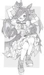  1girl arms_up bat_wings blush boots bow bowtie center_frills claw_pose fang frilled_hairband frills full_body gloves greyscale hair_over_one_eye hairband high-waist_skirt highres horse_tail long_hair looking_at_viewer monochrome open_mouth petticoat rice_shower_(make_up_vampire!)_(umamusume) rice_shower_(umamusume) shirt short_sleeves skin_fang skirt smile solo tail techi_(siro-white_0803) umamusume wings 