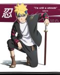  1boy black_jacket black_pants blonde_hair blue_eyes boruto:_naruto_next_generations character_name closed_mouth copyright_name full_body hand_on_hilt headband highres jacket long_sleeves looking_at_viewer male_focus naruto_(series) one_knee open_clothes open_jacket pants scar scar_across_eye sheath sheathed shirt short_hair solo spiky_hair uzumaki_boruto white_shirt yo_1998 