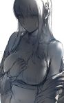  1girl absurdres backlighting bare_shoulders blush breasts collarbone earrings eyebrows_visible_through_hair hair_between_eyes halterneck hand_on_own_chest hews highres jacket jewelry large_breasts lips long_hair looking_at_viewer midriff monochrome navel sketch smile solo spy_x_family teardrop tsurime yor_briar 