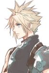  1boy armor bangs blonde_hair blue_eyes cloud_strife earrings final_fantasy final_fantasy_vii final_fantasy_vii_remake highres ito_noizi jewelry parted_bangs shirt short_hair shoulder_armor single_earring sleeveless sleeveless_shirt sleeveless_turtleneck solo spiky_hair suspenders turtleneck upper_body white_background 