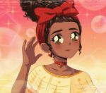 1990s_(style) 1girl afro bare_shoulders blurry bokeh bow brenni_murasaki brown_eyes brown_hair choker curly_hair dark-skinned_female dark_skin depth_of_field disney dolores_madrigal earrings encanto gradient gradient_background hair_bow hand_up headband heart heart_earrings jewelry red_bow red_lips retro_artstyle shirt solo sparkle takeuchi_naoko_(style) yellow_shirt