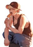  1boy akimoto_28 alternate_costume bakugou_katsuki bare_arms bare_shoulders baseball_cap black_headwear black_tank_top blonde_hair blue_pants blurry boku_no_hero_academia commentary earrings eating english_commentary food hat highres holding holding_food indian_style jewelry looking_at_viewer male_focus open_mouth pants pectoral_cleavage pectorals popsicle short_hair simple_background sitting solo spiky_hair sweat tank_top tongue tongue_out white_background 