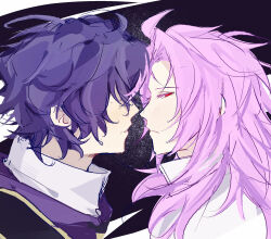  2boys blue_hair chinese_commentary closed_mouth colored_eyelashes commentary_request from_side frown gold_trim hatsutori_hajime highres jacket long_hair male_focus multiple_boys pink_hair purple_jacket red_eyes saibou_shinkyoku shirt short_hair sketch utsugi_noriyuki white_shirt xilanai 