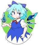  1girl blue_bow blue_dress blue_eyes blue_hair blush bow cirno detached_wings dress eyebrows_visible_through_hair fairy grin hair_bow ice ice_wings ini_(inunabe00) puffy_short_sleeves puffy_sleeves short_hair short_sleeves smile solo touhou wings 