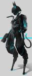  1girl absurdres android arms_at_sides backpack bag black_skin colored_skin digitigrade echanis_enicha finger_on_trigger full_body grey_background gun handgun highres holding holding_gun holding_weapon mechanical_ears original see-through shadow solo standing tail weapon 