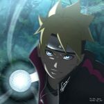  1boy black_jacket blonde_hair blue_eyes blurry blurry_background boruto:_naruto_next_generations clenched_teeth headband jacket jewelry looking_at_viewer male_focus naruto_(series) open_clothes open_jacket outdoors pendant rasengan short_hair solo spiky_hair teeth upper_body uzumaki_boruto watermark yo_1998 