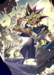  1boy artist_name atem black_hair blonde_hair blue_cape bracelet cape commentary cropped_legs dark-skinned_male dark_skin duel_monster e_volution earrings egyptian jewelry male_focus millennium_eye multicolored_hair obelisk_the_tormentor open_mouth osiris_the_sky_dragon redhead spiky_hair the_winged_dragon_of_ra violet_eyes yu-gi-oh! yu-gi-oh!_duel_monsters 