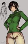  1girl ass_visible_through_thighs breasts brown_eyes brown_hair brown_pants final_fantasy final_fantasy_vii forehead_protector green_sweater grey_background grin hands_on_hips highres medium_breasts medium_hair pants ribbed_sweater sgk signature sketch smile solo sweater turtleneck turtleneck_sweater yuffie_kisaragi 