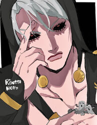  1boy black_hood black_sclera black_sleeves black_theme character_name collarbone colored_sclera eyelashes grey_hair hair_between_eyes hand_on_own_face hat_bobbles head_tilt highres jojo_no_kimyou_na_bouken looking_at_viewer male_focus matubaru_chan parted_bangs pectoral_cleavage pectorals portrait red_eyes risotto_nero sleeves_past_wrists solo vento_aureo 