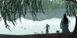  2boys bird black_boots black_hair black_hanfu boots chinese_clothes goose hanfu headband high_ponytail lake lan_wangji long_hair long_sleeves male_focus modao_zushi mountain multiple_boys nature outdoors ponytail red_sash sash topknot tree unworn_boots wading water wei_wuxian white_hanfu white_headband wide_sleeves willow xianduguaitan 